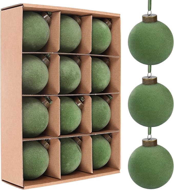 12 Pcs Velvet Christmas Balls Bulk Shatterproof Plastic Christmas Tree Decorations for Decorative Hanging Baubles (12, Green, 3.15Inch)