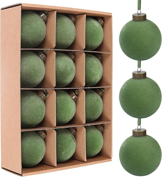 12 Pcs Velvet Christmas Balls Bulk Shatterproof Plastic Christmas Tree Decorations for Decorative Hanging Baubles (12, Green, 3.15Inch)