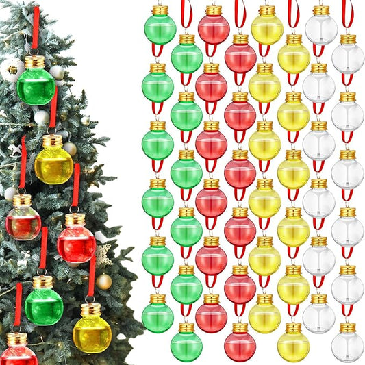 Patelai 48 Pcs Christmas Drink Balls Shot Glass Ornament Plastic Fillable Christmas Tree Ornaments Xmas Water Bottle Bulbs for Holiday Party Indoor Outdoor (Green,Red,Yellow with Gold Lid)