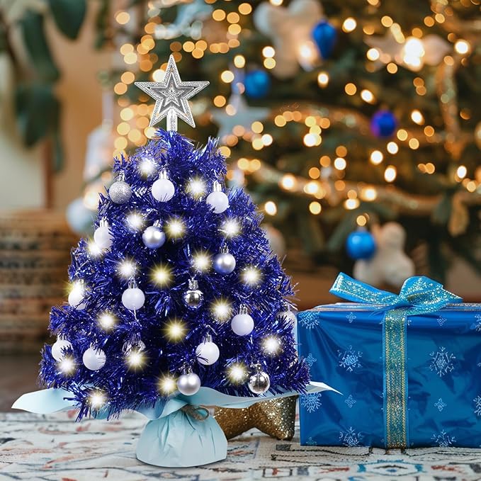 XmasExp Mini Christmas Tree with Lights Blue Small Christmas Tree Artificial Tabletop Xmas Decor Holiday Decoration for Home, Office, Party