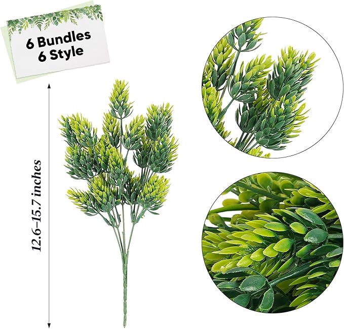 ilauke 6 Pack Artificial Greenery Stems Outdoor UV Resistant, Faux Plants for Home Decor Indoor Outside, Assorted Eucalyptus Decor & More for Vases