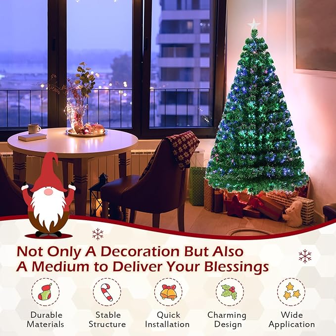 HAPPYGRILL 6FT Pre-Lit Fiber Optic Christmas Tree with Colorful LED Lights, 8 Lighting Modes, 230 Branch Tips, Foldable Metal Base, Pre-Lit Xmas Full Tree Decor for Office Home