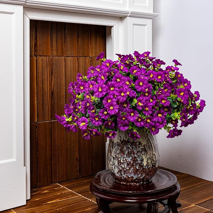 Artificial Faux Flowers for Outdoor 16 Bundles Boxwood Fake Morning Glory for Planter,UV Resistant Fake Flowers for Home Porch Patio Outside（Fuchsia）