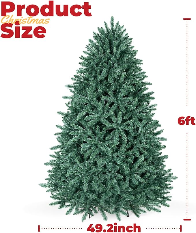 6ft Pre-lit Christmas Tree Hinged Blue Spruce Artificial Christmas Tree with 600 Clear Lights,1668 Branch Tips
