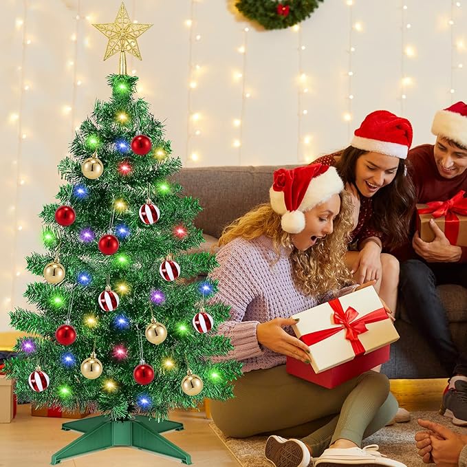 [ 12 Modes & Timer ] 3 Ft Christmas Tree with 50 Warm White, 15 DIY Ornaments, 3D Star Topper Battery Operated Small Christmas Tree for Indoor Home Tables Fireplace Holiday Xmas Christmas Decorations