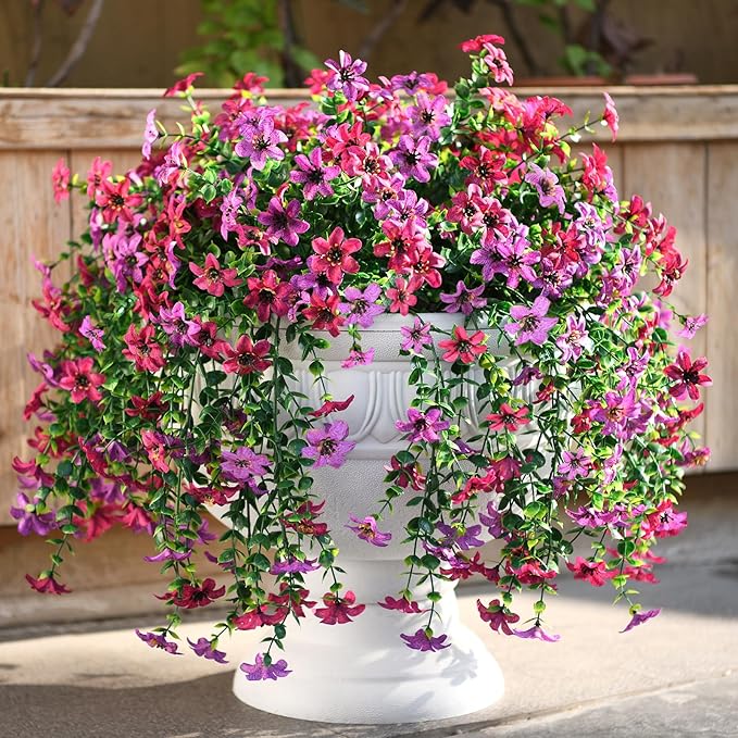 Homsunny Artificial Faux Hanging Flowers Plants for Outdoor Summer Decoration, 2 PCS Fake Silk Flowers for Outside Daisy Planter UV Resistant Look Real for Patio Porch Home Decor(Mix Purple)