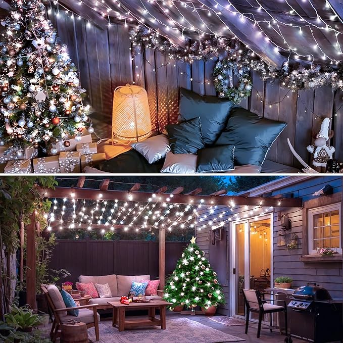 KNONEW Christmas String Lights Indoor Plug in,60FT 180LED Outdoor Waterproof Fairy Lights,8 Lighting Modes,Timer Memory Function for Bedroom Patio Balcony Party (Cool White)
