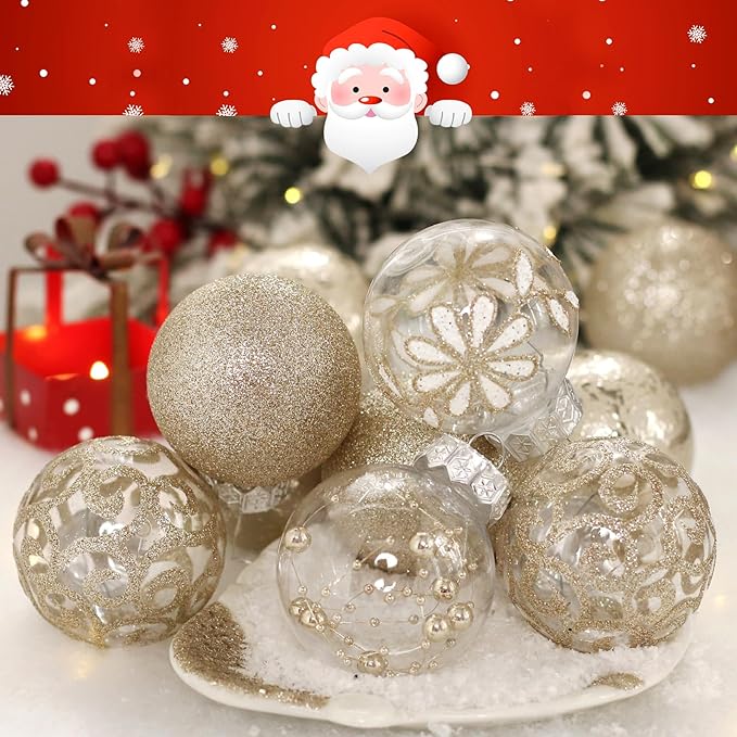 60mm/2.36inch Clear Christmas Ornaments Set, 30ct Champagne Christmas Ornaments Balls for Christmas Tree Decorations Shatterproof Transparent Baubles with Stuffed Decoration for Xmas Wedding Party