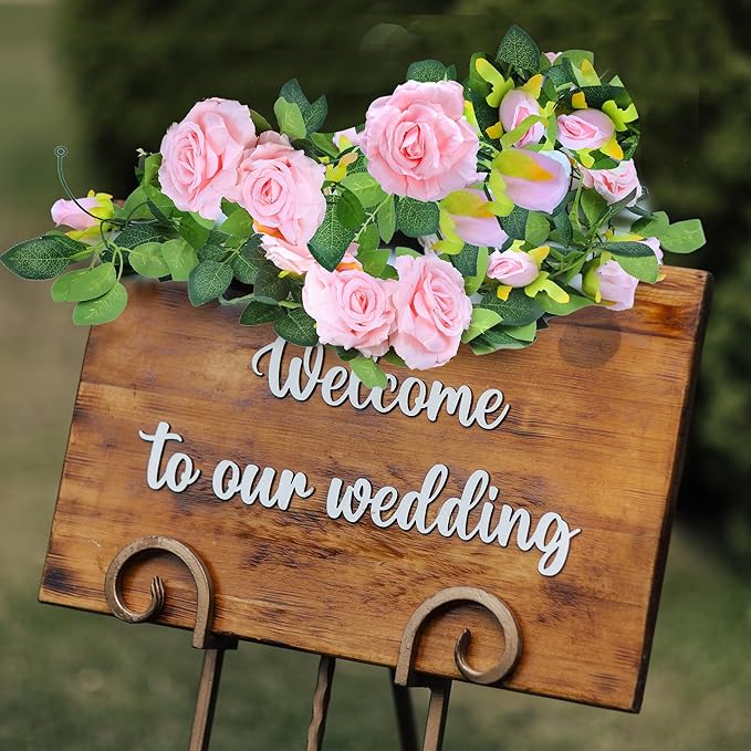 Sggvecsy 6Pcs 46.5Ft Artificial Rose Vine Fake Flower Garland Floral Garland Faux Silk Hanging Vine Rose Ivy Vines for Wedding Arch Party Wall Garden Ceremony Background Outdoor Decor (Pink)