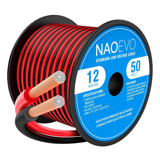 NAOEVO 12 Gauge Wire 50FT, 2 Conductors Electrical Wire Red Black Cable, Flexible/Low Voltage/PVC 12 AWG Copper Clad Aluminum Extension Cord for Speaker, LED Strips, Automotive 12V/24V DC
