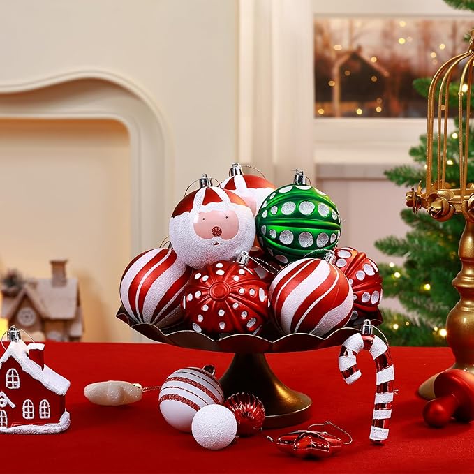 SHareconn 80ct Christmas Balls Ornaments Set, Shatterproof Plastic Colorful Xmas Decorative, Baubles for Tree Decorations with Hanging Strings, Red, Green & White