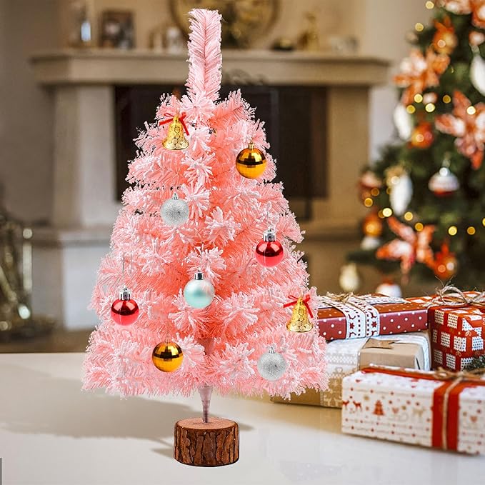 2Ft Artificial Christmas Tree Pink Tabletop Christmas Tree with Snow Flocked Mini Xmas Pine Tree with Wooden Stand for Indoor Outdoor Holiday Home Decoration