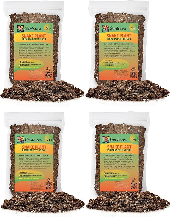 GARDENERA Premium Snake Plant Potting Soil Mix - 20 Quart - Green Sansevieria Trifascatia Zeylanica Plants, Plant or Re-Pot Your Snake Plant (4 Bags of 5 Quart)