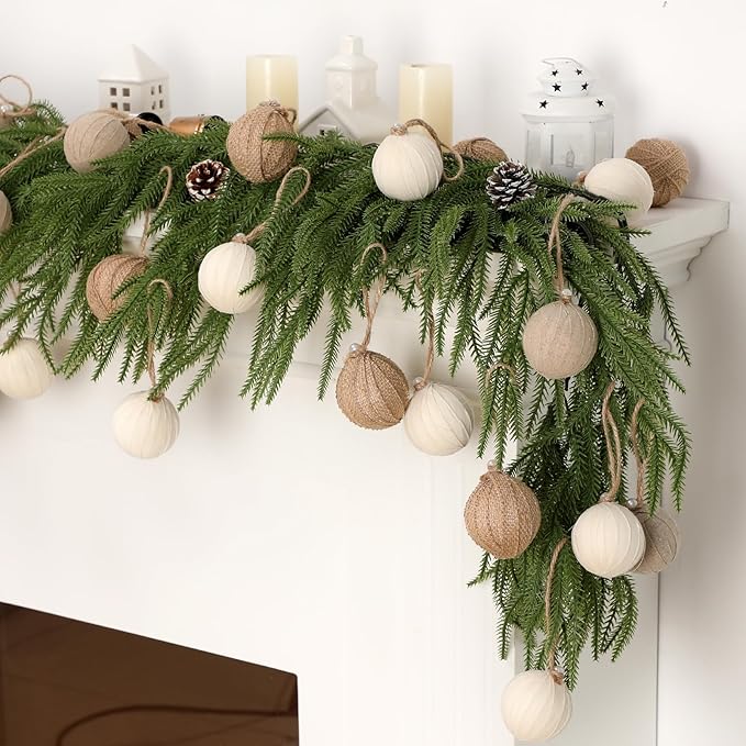 Syhood 12 Pcs Rustic Christmas Ball 2.36 Inch Neutral Farmhouse Christmas Tree Ornaments Shatterproof Hanging Cottage Burlap Fabric Textured Ball for Xmas Tree Party Garlands Wreath Home Decor