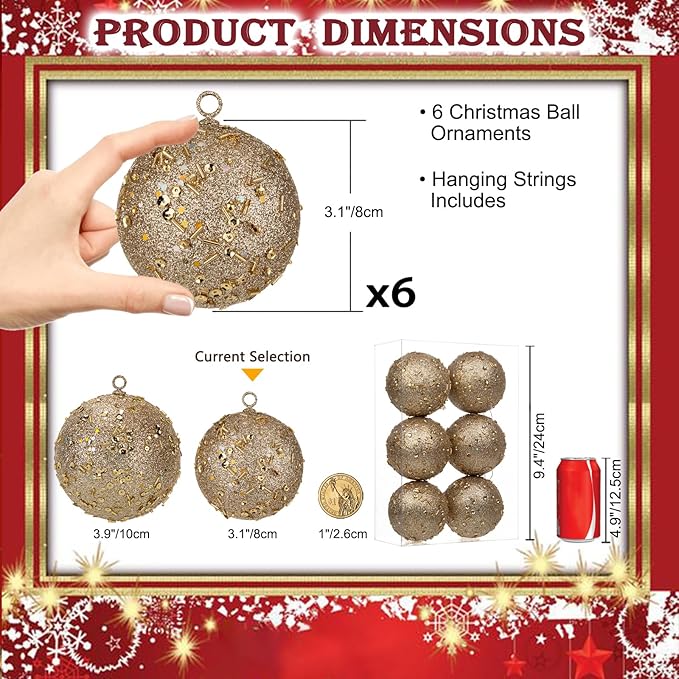 3.15" Large Christmas Balls Ornaments 6 Pcs Shatterproof Big Champagne Christmas Ornaments for Xmas Tree Bulk Glitter Big Xmas Tree Ornament for Trees Halloween Holiday Wedding Party Decoration