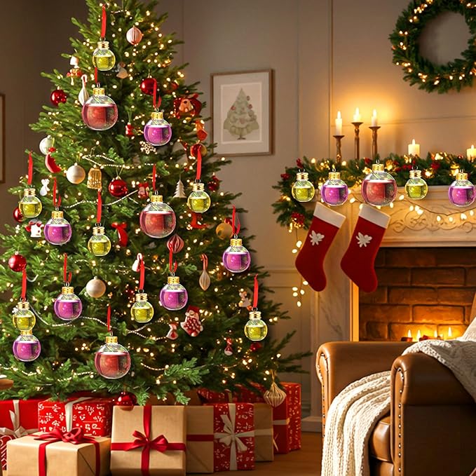 Patelai 18 Pcs Christmas Drink Balls Clear Shot Glass Ornaments Xmas Tree Fillable Ornaments Plastic Xmas Water Bottle Bulbs for Holiday Party Decorations(Round,50,100,150 ml)