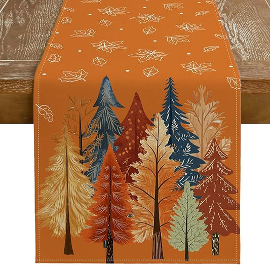 GEEORY Fall Watercolor Trees & Maple Leaves Table Runner 13x90 Inch, Rustic Farmhouse Autumn Thanksgiving Decor for Kitchen, Dining, Indoor/Outdoor Holiday Dinner Party Orange GT158-90