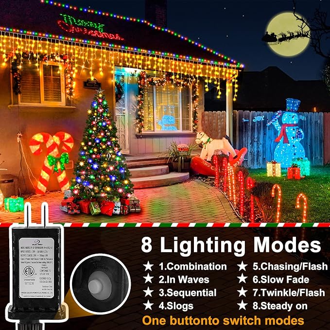 Christmas Lights Outdoor, 2 Pack Total 98FT 960 LED Ice Lights for Outside with 180 Drops Clear Wire 8 Modes Timer, Plug in Waterproof for Holiday Eaves Yard Roof Party Christmas Decor (Warm White)
