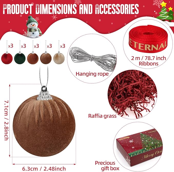 Woration 15pcs Velvet Christmas Ornaments Balls 2.35" Christmas Tree Decorations Ball Set Shatterproof Hanging Xmas Ornaments Baubles (Red/Green/Brown/Coffee/Champagne)