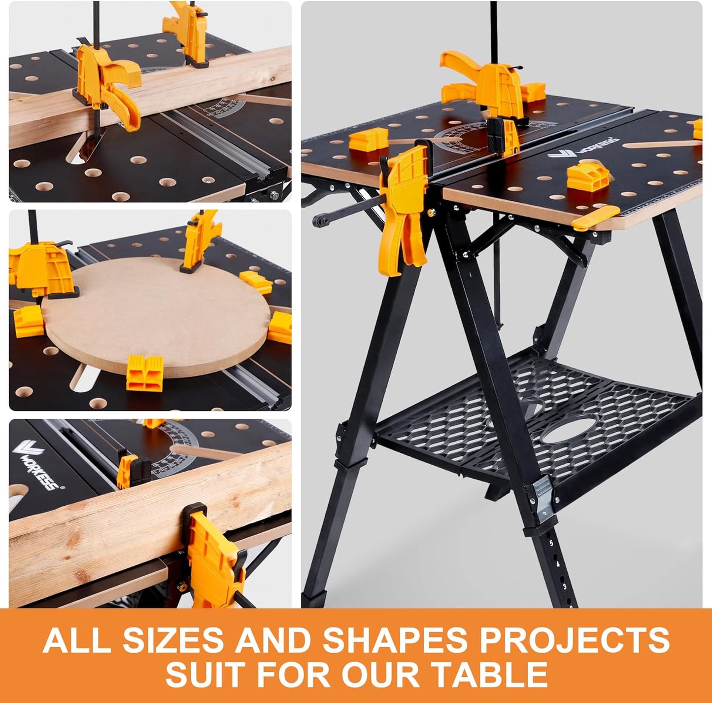 Portable Workbench & Sawhorse, 1000Lbs Capacity Heavy Duty Folding Work Table, 23.6"-36" Adjustable Height with 2 Quick Clamps, 4 Bench Dogs, 2 x 4 Support Arms for Garage