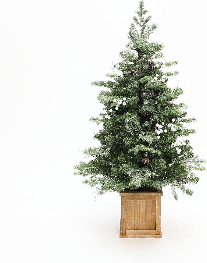 LuxenHome 4FT Potted Flocked Christmas Tree, Small Christmas Tree Prelit with 70 Warm White LED Lights, Berries and Pine Cones, Lighted Pencil Artificial Christmas Trees with Planter Indoor & Outdoor
