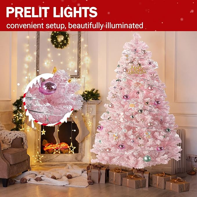 7FT Pink Artificial Christmas Tree with 1200 Realistic Branch, Flocked Full Xmas Tree with Foldable Stand, Easy Assembly Hinged Pine Tree for Home, Shop, Office, Party Holiday Decoration