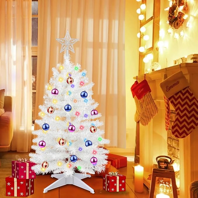3 Ft Premium White Christmas Tree Dual Color Change 12 Modes Timer DIY 50 Warm White & Colored Lights 15 Ball Ornaments Star Battery Operated Small Artificial Full Xmas Tree Table Indoor Holiday Decor