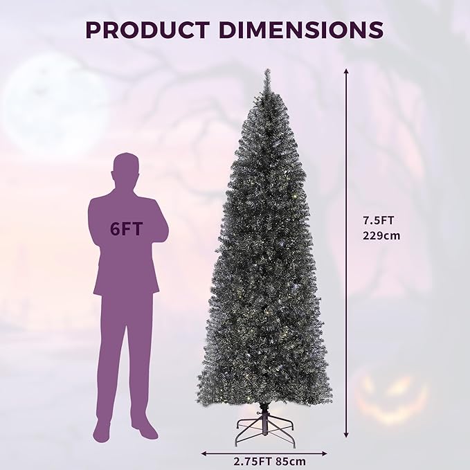 GAOMON 7.5Ft Christmas Tree, Artificial Black Halloween Pencil Christmas Tree with Sturdy Metal Stand & Realistic Branch Tips, Slim Skinny Xmas Holiday Decoration for Halloween, Home, Office, Black