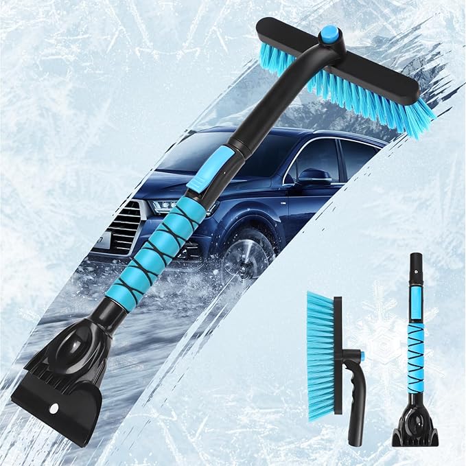 Yougfin 2 in 1 Extendable Snow Brush with Ice Scraper for Car Windshield, 33 Inch Car Window Scraper & Foam Snow Removal Brush for SUV, Heavy Duty Snow Cleaner for Truck Van, 360° Pivoting Head