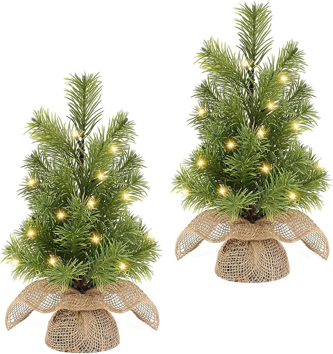 13 Inch Mini Christmas Tree with Lights, 2 Pack Prelit Tiny Xmas Trees,Battery Operated with Timer for Tabletop Desk Indoor Fireplace Office