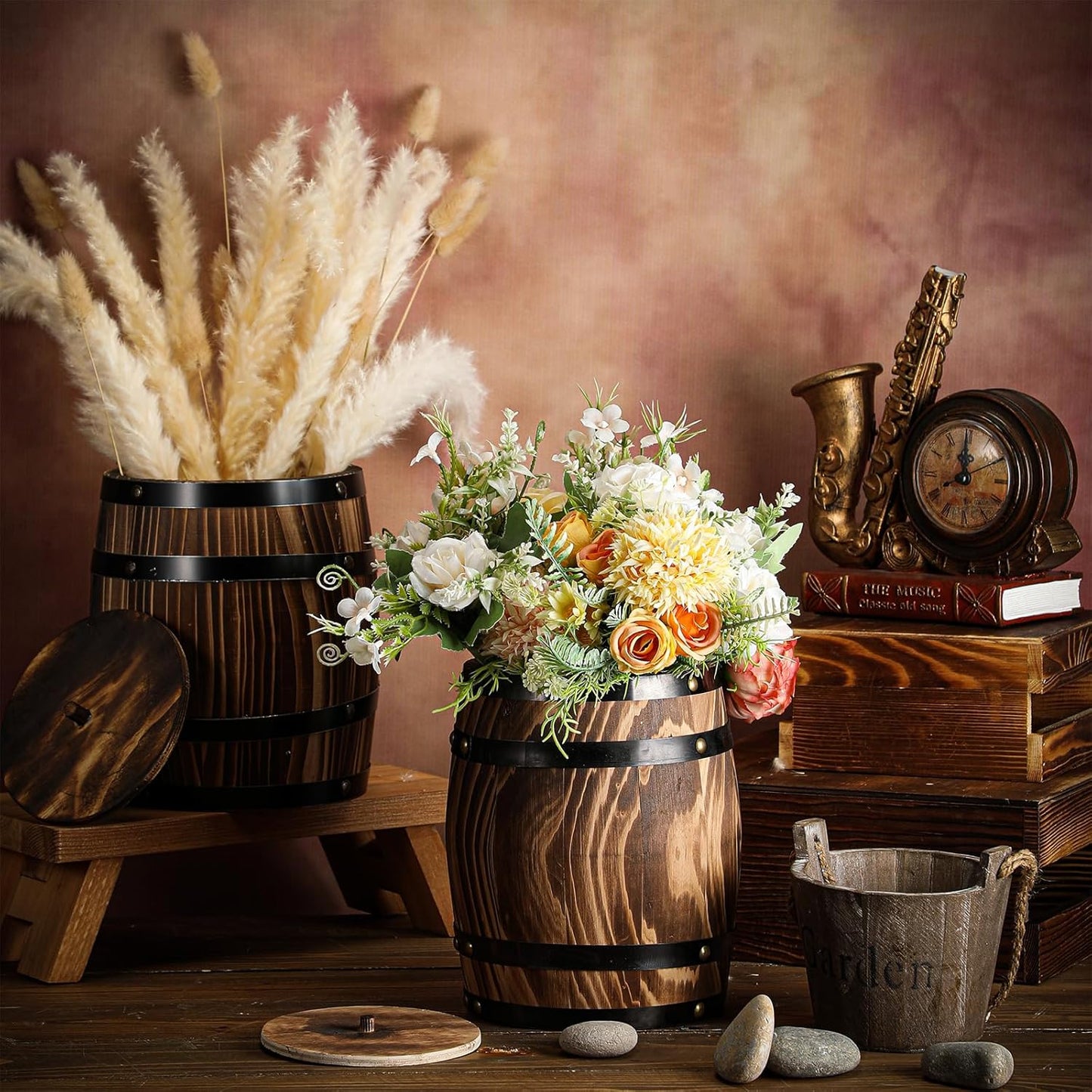 2 Pcs Wood Wine Barrel Vase 8" x 6.5" Vintage Flower Vase Container Rustic Barrel Planter for Wedding Reception Table Decoration Home Indoor Outdoor Garden Kitchen Party