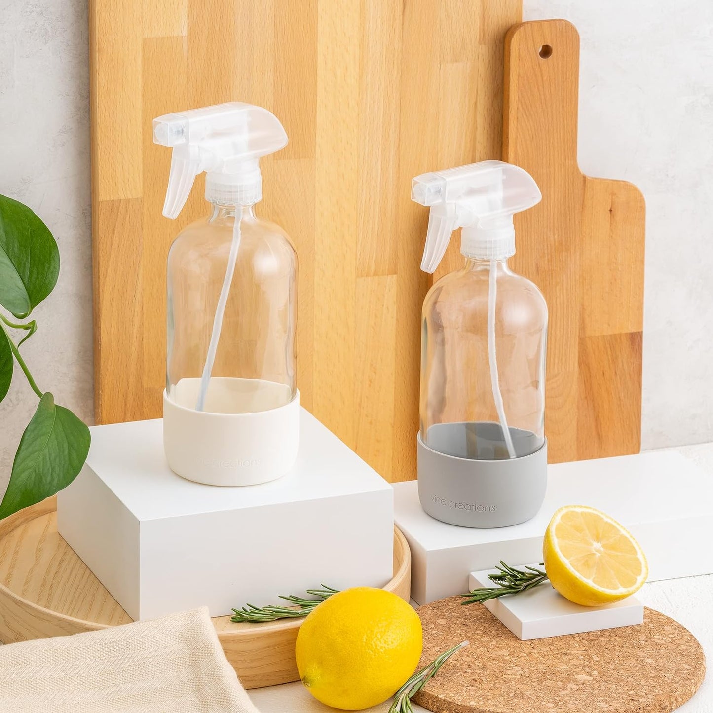 Vine Creations Glass Spray Bottles for Cleaning Solutions, Clear Glass Spray Bottle with Silicone Sleeve, 16 oz Empty Spray Bottles for Cleaning, Plant Spray Bottle, Mist and Stream Nozzle - 2 Pack