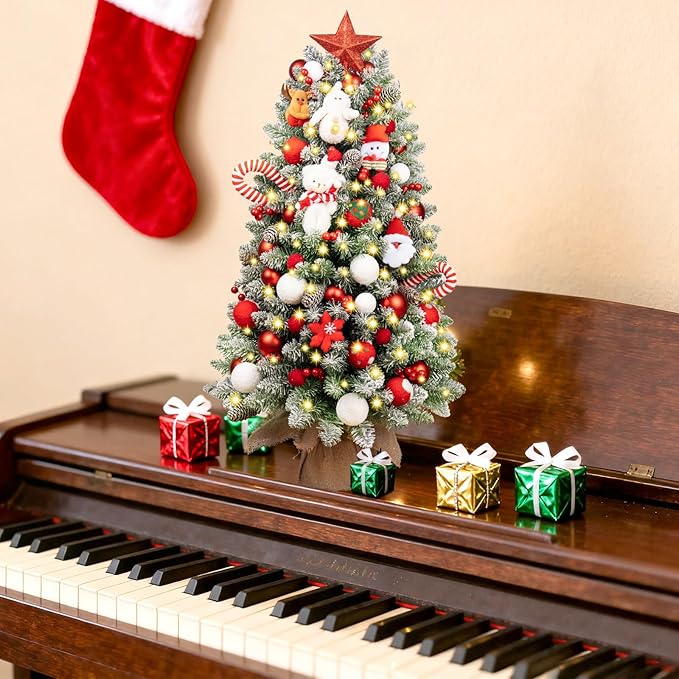 3FT Pre-lit Tabletop Christmas Tree, Mini Small Flocked Christmas Trees with 9 Modes LED Lights, Pine Cones & Berries, Battery Operated with Timer, for Home Office Desk Decor