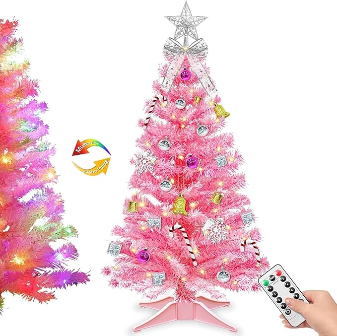 Valentines Day Decorations-3 FT Artificial Valentines Christmas Tree,Tabletop Small Christmas Tree with 50 Warm White & Multicolor Changing Lights Timer 8 Modes DIY Ball Ornaments Holiday Decoration