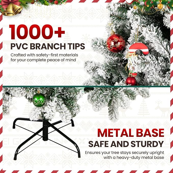 Beyond 6FT Snow Flocked Artificial Full Christmas Tree, Hinged Spruce Christmas Tree with 1100 Branch Tips, Xmas Tree with Metal Stand for Home, Party Decoration, White