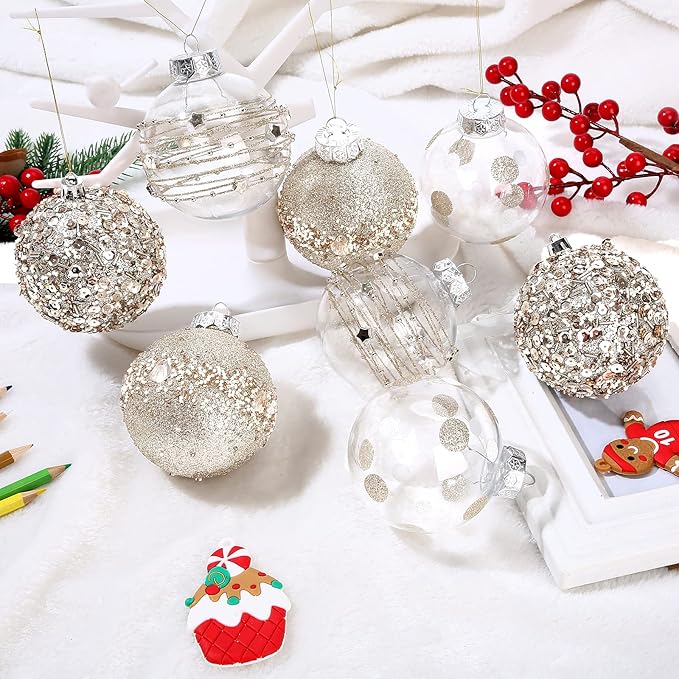 Clear Christmas Ball Ornaments for Christmas Tree Decorations Hanging Balls 8 Pcs 3.15" Glitter Crystal Champagne Shatterproof Christmas Ornaments Balls Set for Xmas Wedding Party Holiday Home Decor