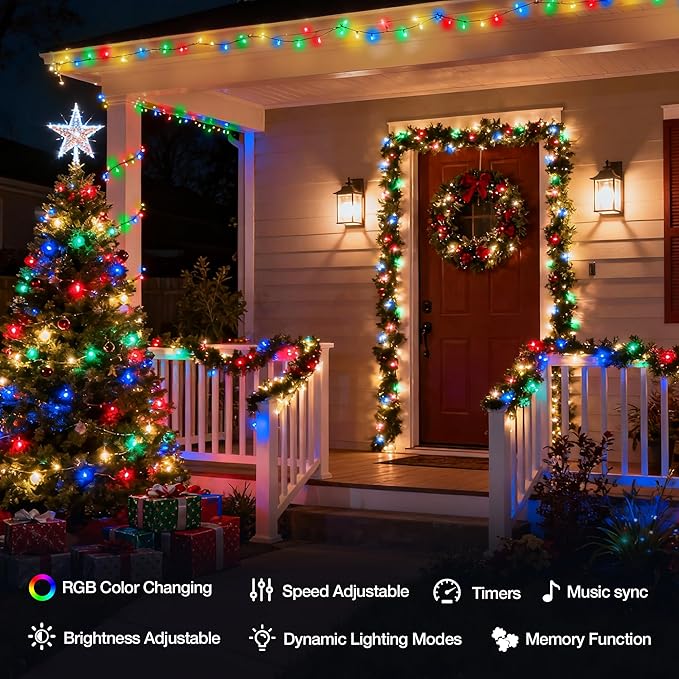 RGB Christmas Lights Outdoor, 164 FT 500 LED Color Changing String Lights with Remote & Timer, Music Sync Multiple Modes Waterproof Christmas Tree Light for Home Party Holiday Xmas Decoration