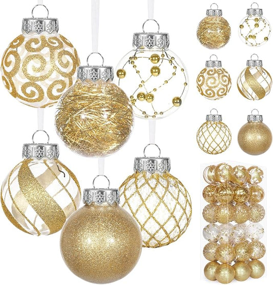 Ouddy Decor 36 Pcs Clear Christmas Ball Ornaments, 2.36" Shatterproof Gold Plastic Christmas Ornaments Set Decorative Hanging Transparent Baubles for Xmas Tree Holiday Party Decor, Gold