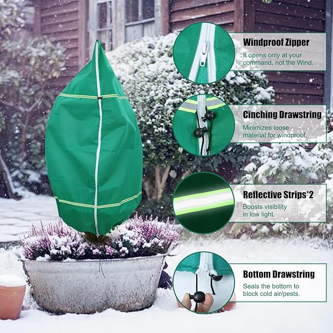 IC ICLOVER Plant Covers Freeze Protection for Winter, 4 Pack 32"x47" Frost Blankets for Outdoor Plants with Zipper Drawstring, Plant Freeze Protection Tree Cover Bags Cloth for Shrub Bush Fruit Potted