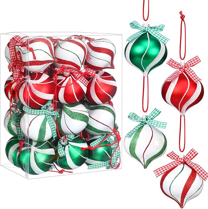 Syhood 24 Pcs Christmas Tree Ornaments, Christmas Ball Decorations Set, Shatterproof Baubles Xmas Tree Hanging Decor, Peppermint Candy Ball Red White Green Stripes Party Holiday(Bright,2.56 Inches)