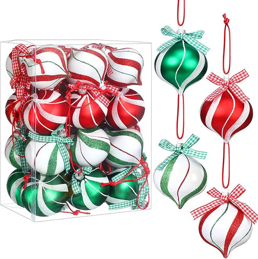 Syhood 24 Pcs Christmas Tree Ornaments, Christmas Ball Decorations Set, Shatterproof Baubles Xmas Tree Hanging Decor, Peppermint Candy Ball Red White Green Stripes Party Holiday(Bright,2.56 Inches)