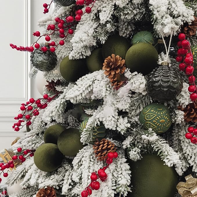 18PCS Green Velvet Christmas Ornaments Set – Large Flocked Shatterproof Baubles for Xmas Tree Decoration, Hanging Ornaments for Holiday & Home Décor (Green, 3 Inch / 8 cm)