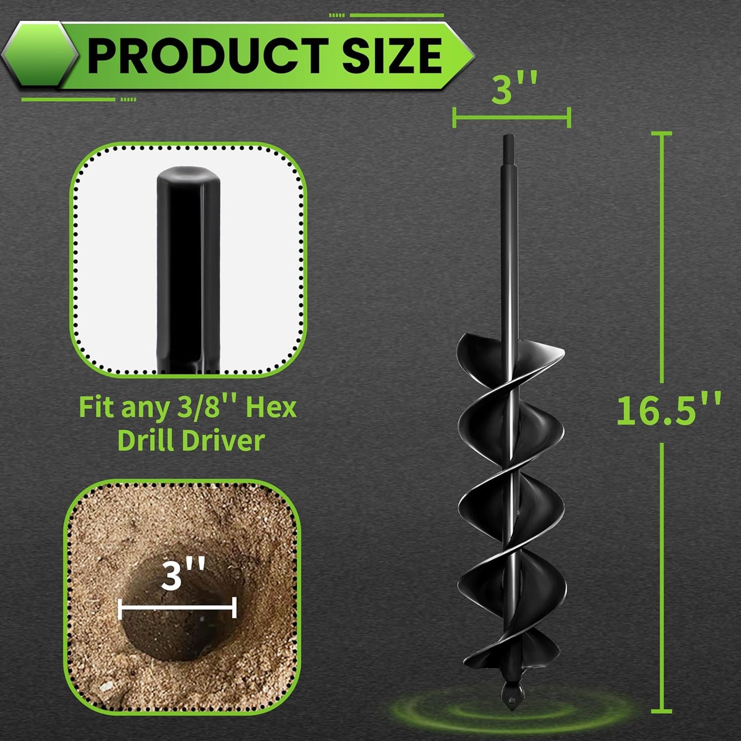 SYITCUN Auger Drill Bit for Planting 3"x16.5" Solid Shaft Garden Spiral Drill Bit for Bulb Bedding, Post Hole Auger for 3/8” Hex Drive Drill