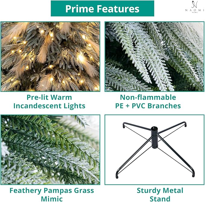 Makenna 6.5ft Snow Flocked Feathery Frosted Prelit Artificial Christmas Tree with 4958 Pampas Tips, 350 Warm Lights and Metal Stand, 40" Wide Realistic Snow Flocked Pine Christmas Tree with Lights