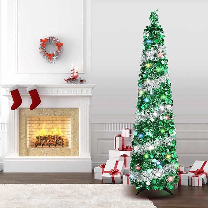 5 FT Christmas Trees with 90 Colorful Lights, Collapsible Artificial Sequin Pop Up Christmas Tree, Tall Skinny Pencil Tinsel Christmas Trees Xmas Tree for Home Apartment Basement Fireplace