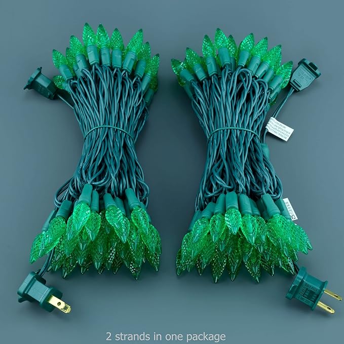 YULETIME Green One-Piece C6 Strawberry Christmas Lights 140 Count 71 Feet, 2 Sets 70 LED 35.5 ft High Waterproof UL Certified String Light (Green)