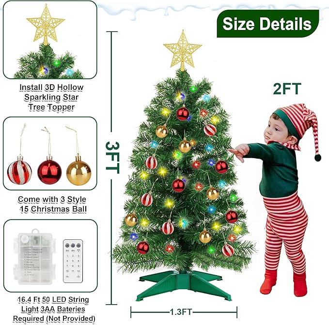 3FT Green Christmas Tree Tinsel with 50 Warm White & Multi Color Fariy Light 3D Star 15 Ball Ornament, 12 Light Modes Timer Battery Operated Small Artificial Full Xmas Tree Table Indoor Holiday Decor