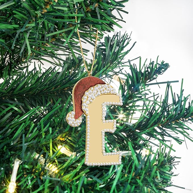 2025 Christmas Initial Ornaments, Letter E Ornaments for Xmas Tree,Hanging Christmas Red Hat Ornament Gift for Mother Best Friends Sister Wife|E-Letter Ornament