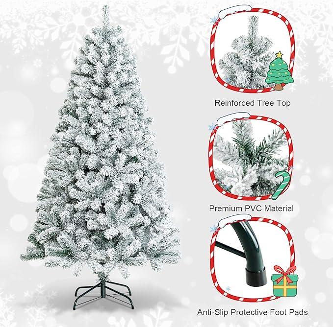 HAPPYGRILL 6 Feet Flocked Christmas Tree Artificial Xmas Tree with 600 PVC Branch Tips, Hinged Xmas Tree Life-Like Seasonal Holiday Tree for Home Office