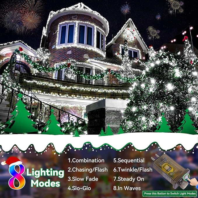 Heceltt Christmas Lights Outdoor, 125FT 350 LED String Lights 8 Modes and Timer Memory Function Twinkle Fairy Lights Waterproof Plug in for Xmas Tree Wedding Party Holiday Decor(White)